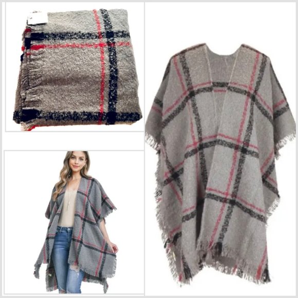 🔥🔥🆕OPEN FRONT SWEATER KNIT GRAY PLAID KIMONO CARDIGAN - Picture 1 of 4